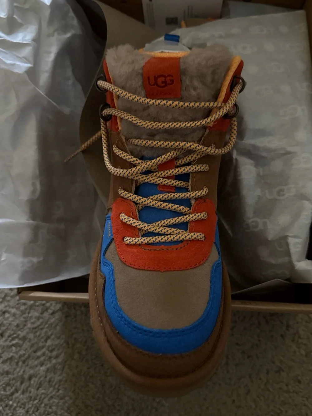 UGG kids Brown Suede Boots with Blue & Orange Accents